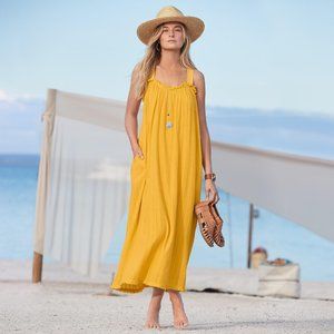 Sundance Sea Breeze Maxi Dress Women's Size Large Golden Yellow Gauze Cotton